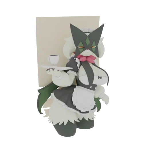 3D модель кошки в костюме горничной, держащая поднос с чашкой, с маской и пушистым мехом.