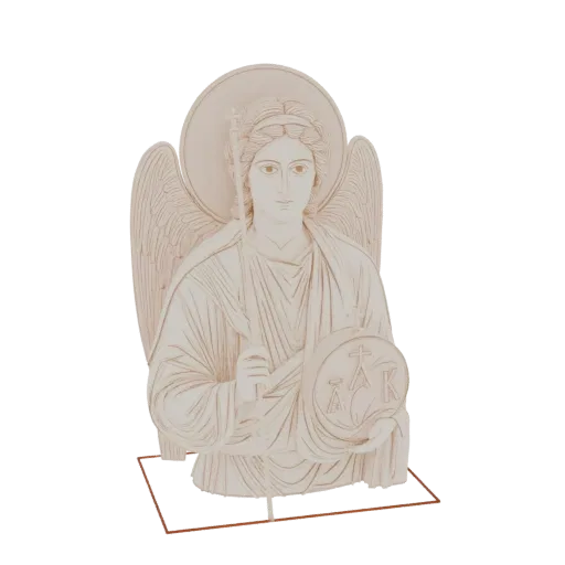 3D модель бюста Архангела Михаила с нимбом, крыльями и символическим шаром, в светло-бежевом материале.