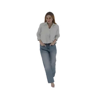 3D модель женщины, идущей вперед, в синих джинсах и светлой рубашке, руки в карманах.