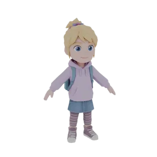 3D модель мультяшной девочки со светлыми волосами, в фиолетовом худи, синей юбке, полосатых носках и синем рюкзаке.
