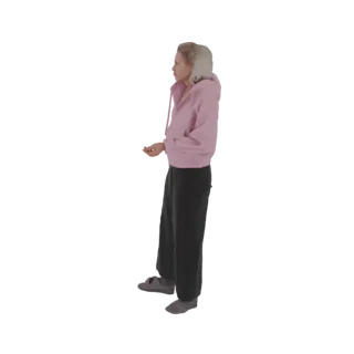 3D модель женщины, стоящей в розовой толстовке и черных штанах, вид сбоку.