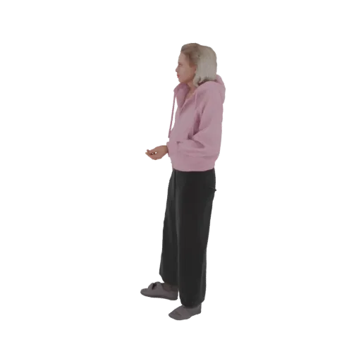 3D модель женщины, стоящей в розовой толстовке и черных штанах, вид сбоку.