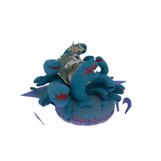3D модель Королевы Гидра-Змей с золотой короной, окруженной бирюзовыми змеями с красными ртами, на темном текстурированном ос