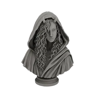 Рендер 3D модели серого бюста загадочной фигуры в капюшоне, с кудрявыми волосами и маленькими рогами, на круглом основании.