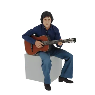 3D модель мужчины, сидящего на сером кубе и играющего на коричневой акустической гитаре, одетого в синюю рубашку и синие брюк