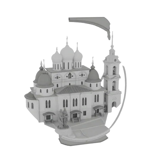 3D модель детализированного православного храмового комплекса с несколькими куполами и колокольней, в оттенках серого.