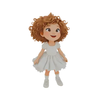 3D модель девушки с кудрявыми каштановыми волосами в белом платье, белых носках и белых кроссовках, радостно улыбающейся.