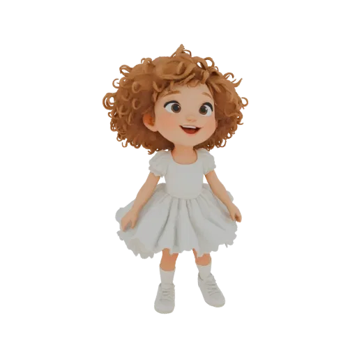 3D модель молодой девушки с кудрявыми каштановыми волосами, в белом платье и белых кроссовках, улыбающаяся.
