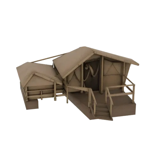 3D-модель деревенской тропической хижины с соломенной крышей, деревянными сваями и крыльцом с лестницей на белом фоне.