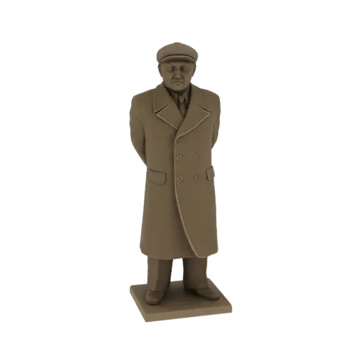 Рендер 3D модели мужчины в коричневом пальто и кепке, стоящего формально со сцепленными за спиной руками на квадратном основа