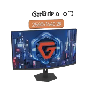 Футуристичный изогнутый игровой монитор с дисплеем 2560x1440 2K, показывающим неоновый городской пейзаж, на темной подставке.