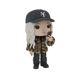 3D модель персонажа инфлюенсера в стиле Funko Pop в леопардовой куртке и бейсболке, держащего смартфон.
