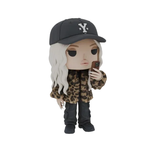 3D модель персонажа инфлюенсера в стиле Funko Pop в леопардовой куртке и бейсболке, держащего смартфон.