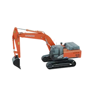 3D модель оранжево-серого экскаватора Hitachi ZX330 с черными гусеницами, вид с немного приподнятого бокового ракурса.