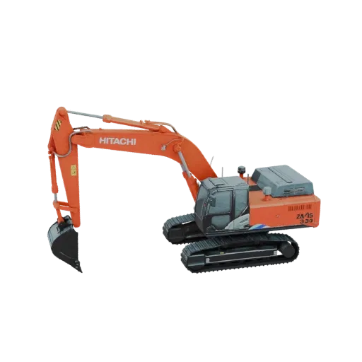 3D модель оранжево-серого экскаватора Hitachi ZX330 с черными гусеницами, вид с немного приподнятого бокового ракурса.