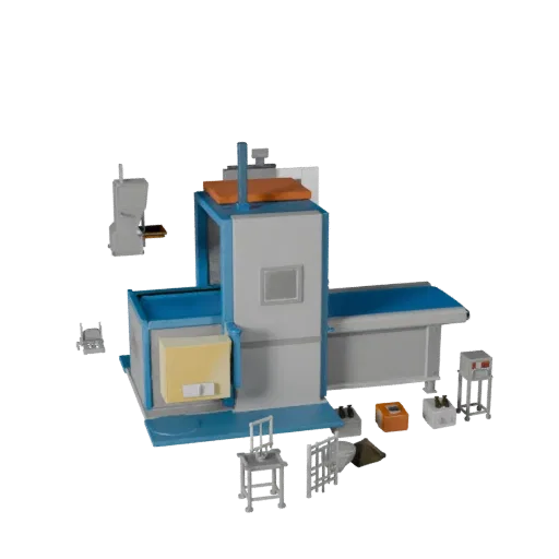 Низкополигональная 3D-модель инспекционной упаковочной машины, вид в игровом окне с трех четвертей, показывающий окрашенную с
