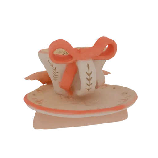 3D модель белой чашки с блюдцем, коралловым бантом и узором из золотой фольги на белом фоне.