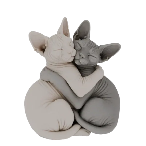 3D модель двух кошек сфинксов, одна кремовая, другая серая, обнимаются с закрытыми глазами, символизируя любовь и дружбу.