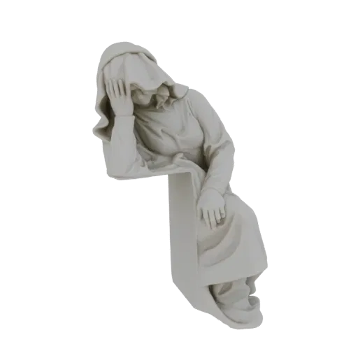 3D модель женщины в одежде с капюшоном, склонившей голову на руку, передающая чувство меланхолии.
