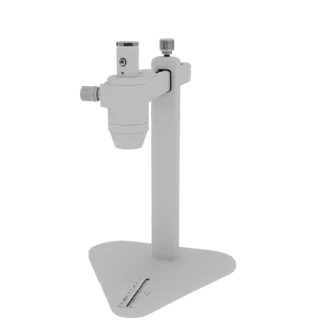 Белая 3D модель стойки для микроскопа с регулируемым кронштейном и треугольным основанием на белом фоне.