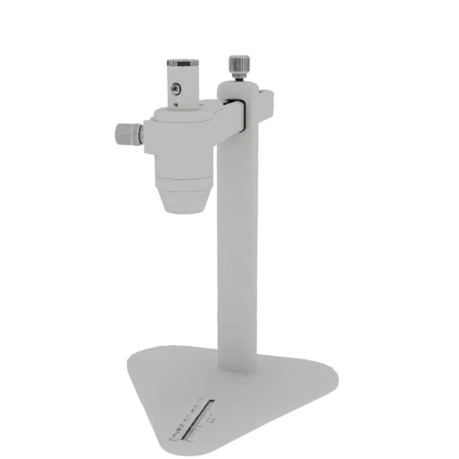 Белая 3D модель стойки для микроскопа с регулируемым кронштейном и треугольным основанием на белом фоне.