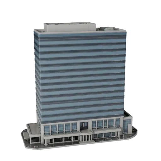 3D модель стеклянного офисного здания, готовая к использованию в Blender, вид рендера студии Blender, показывающий материалы