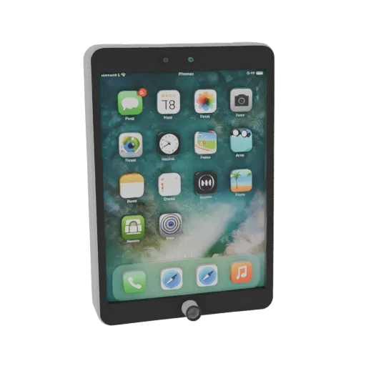 3D модель планшета в стиле Apple с экраном, отображающим иконки приложений, на черном фоне