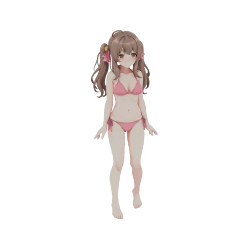 3D модель аниме девушки с каштановыми хвостиками и розовым бикини, стоящая и смотрящая вперед.