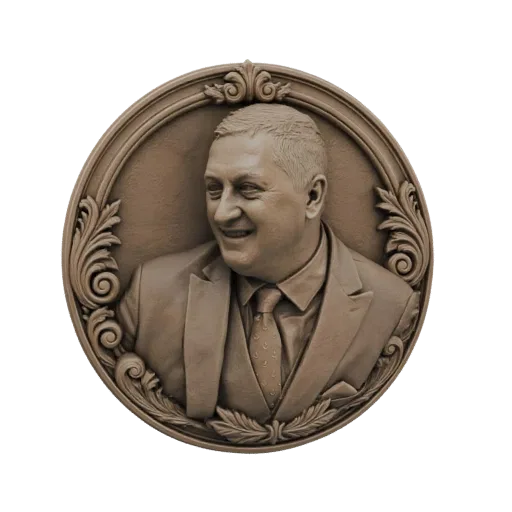 3D-модель бронзового рельефного портрета улыбающегося мужчины в костюме, в богато украшенной круглой рамке с классическими мо