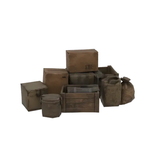 3D модель стопки винтажных грузов, включая картонные коробки, деревянный ящик и холщовые мешки, на белом фоне.