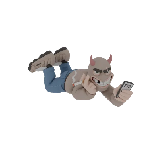 3D модель мультяшного дьявола с красными рогами, курящего сигарету и смотрящего на смартфон с надписью 'FTP'.