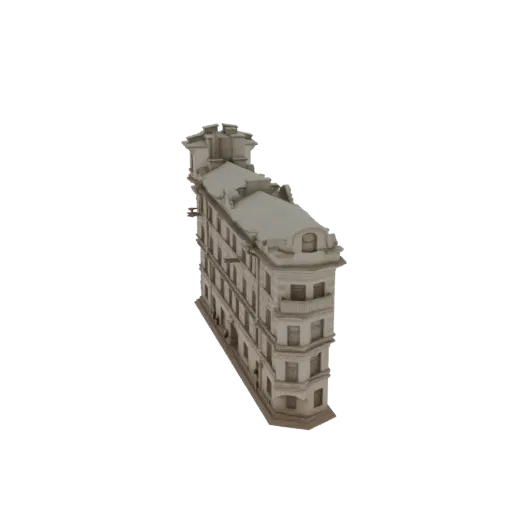 3D-модель детализированного, орнаментального здания в европейском стиле с несколькими этажами и балконами на черном фоне.