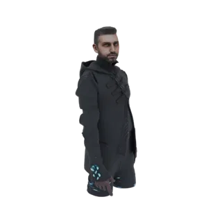 3D модель темной фигуры в капюшоне с сияющими синими узорами на рукавах и перчатках, смотрящей вперед с суровым выражением ли