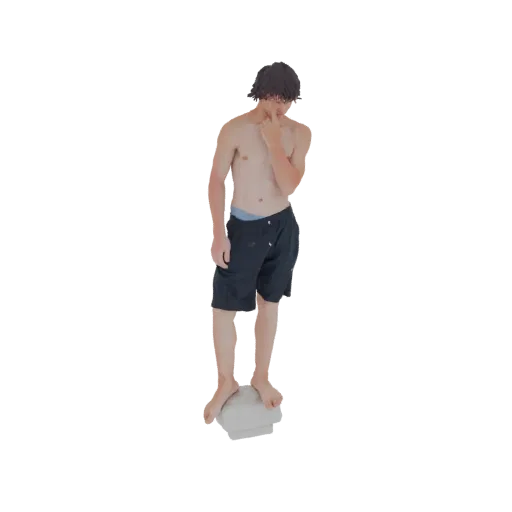 3D модель молодого человека с темными волосами, без рубашки и в шортах, ковыряющегося в носу стоя на небольшой платформе.