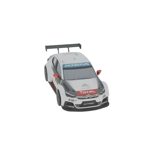 3D модель белого гоночного автомобиля Citroën C-Elysée WTCC с красными и черными акцентами и логотипами спонсоров.