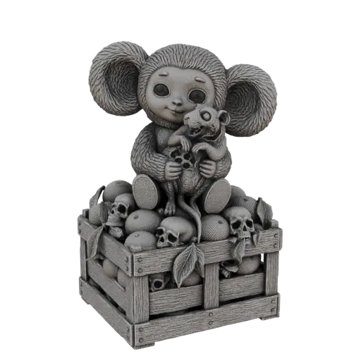 3D модель жутко милой обезьяны с крысой в деревянном ящике с черепами и фруктами.