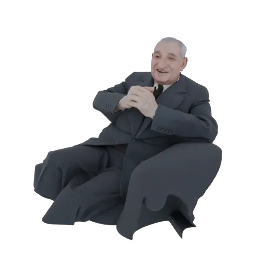 3D модель пожилого мужчины в темном костюме, удобно сидящего в темном кресле и улыбающегося.