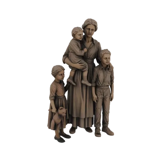 3D модель матери с ребенком и двумя детьми рядом, в бронзовой отделке.