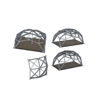 3D модель геодезического купола с металлическим каркасом и открытым основанием, показанная под разными углами.