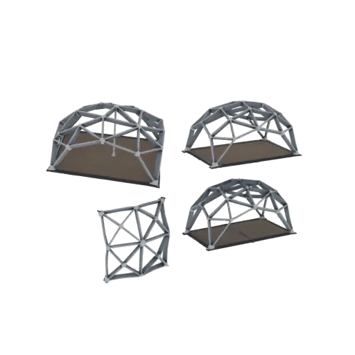 3D модель геодезического купола с металлическим каркасом и открытым основанием, показанная под разными углами.