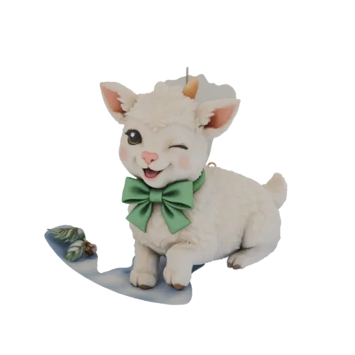 3D модель милого подмигивающего козлёнка с зелёным бантом, сидящего на синем постаменте с веточкой зелени.