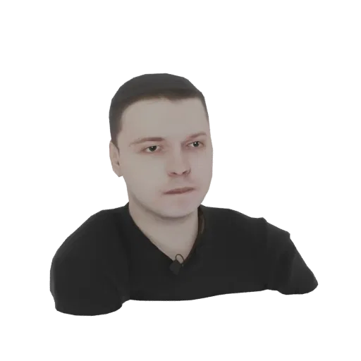 3D модель молодого человека с короткими каштановыми волосами в черной футболке, смотрящего в сторону.