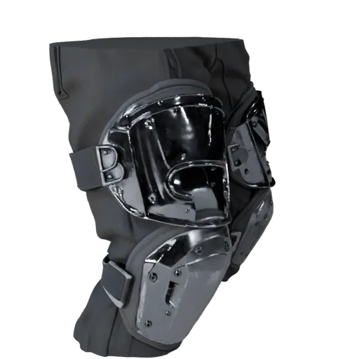 Высокополигональная 3D модель "Наколенники Riot", крупный план студийного рендера, показывающий прозрачные щитки, защитный си