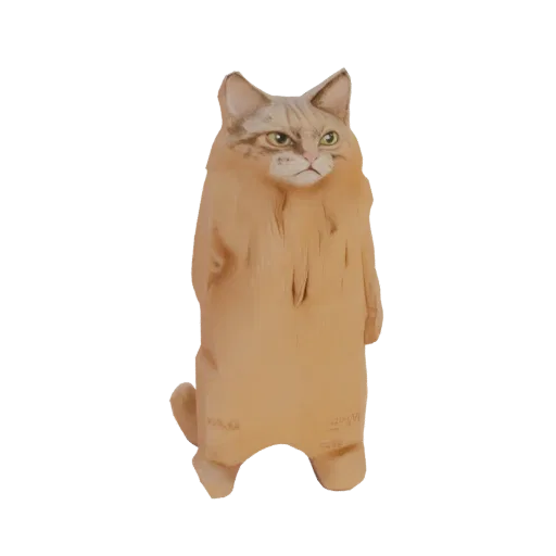 Рендер 3D модели светло-коричневого стилизованного кота, стоящего вертикально с любопытным выражением и зелеными глазами.