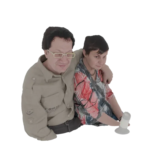 3D модель мужчины и женщины, сидящих вместе, смотрящих на маленькое устройство в руках женщины.