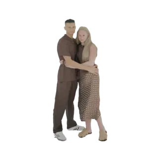 3D model of a man and woman embracing, both wearing casual brown clothing, against a white background.