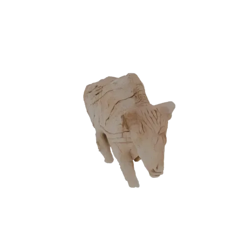 3D модель древнеегипетской статуи быка с текстурой состаренного камня, стоящая стоически.