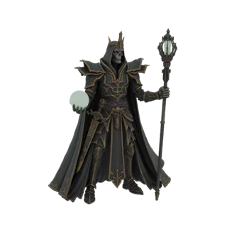 3D model of a skeletal Lich King wearing a crown and dark armor, holding a glowing orb and a staff, against a white backgroun