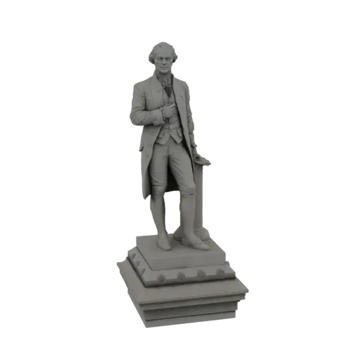 3D рендер статуи Александра Гамильтона в одежде XVIII века, стоящего на детализированном постаменте.
