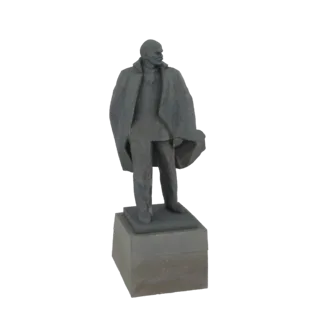 3D модель памятника Владимиру Ленину, стоящего на постаменте, изображенного в официальной позе с пальто, накинутым на плечи.